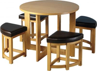 Ash Veneer / Mocca. Round table with four stools upholstered in Mocca PU that fit neatly under the table. Conveniently supplied in one carton. Diameter 902mm , Please click to get details
